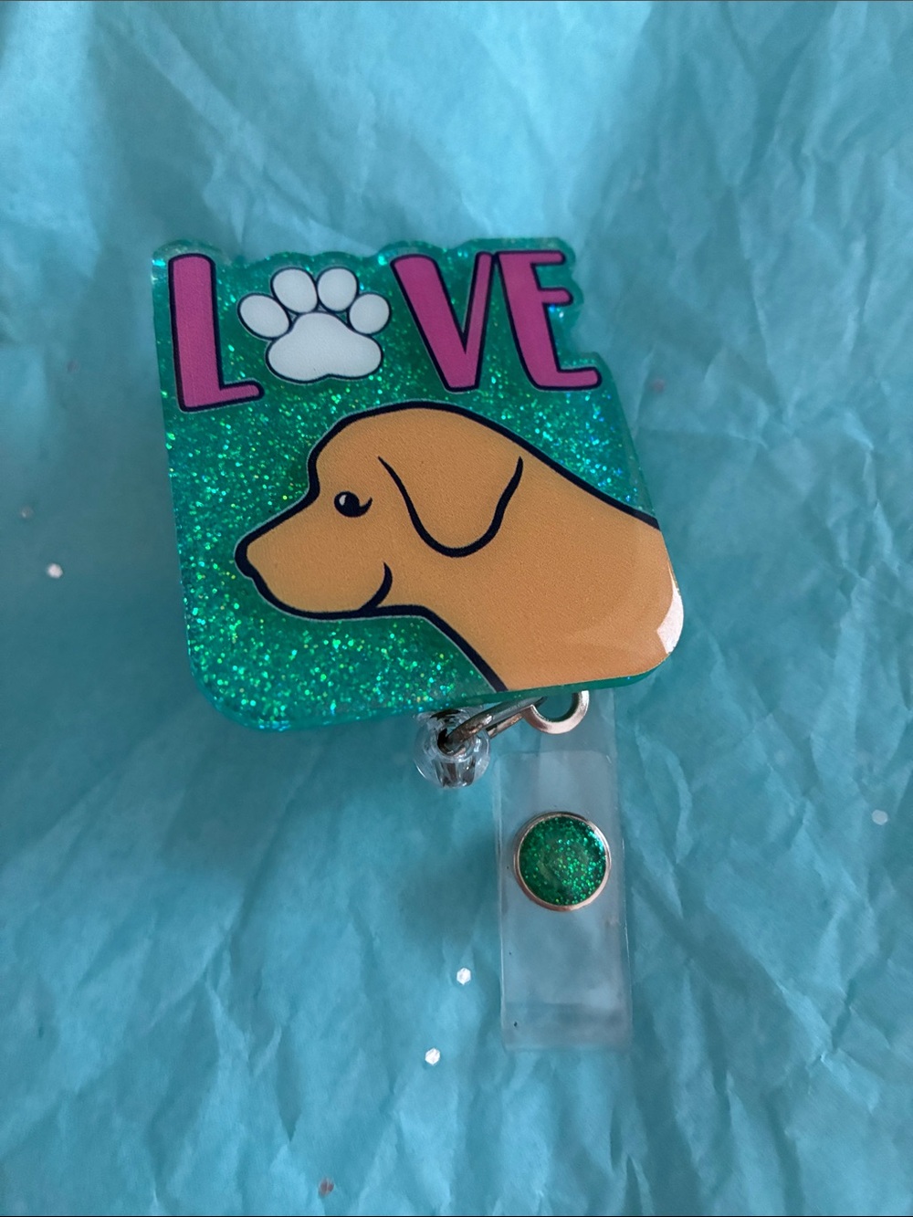 Green Glitter "LOVE" Dog Badge Reel/Lanyard - Picture 2 of 4
